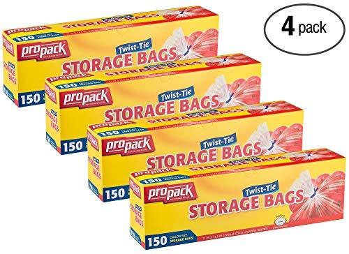 Propack ProPack Disposable Plastic Storage Bags With Original Twist Tie, 1 Gallon Size, 600 Bags, Great For Home, Office, Vacation, Traveling, Sandwich, Fruits, Nuts, Cake, Cookies, Or Any Snacks (4 Packs)