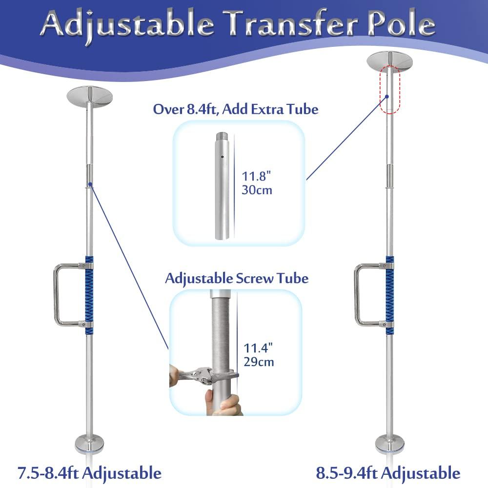 Mybow Transfer Pole Security Grab Bar Floor to Ceiling Bed Pole for Elderly Disabled Standing Aids Toilet Safety Rails Heavy Duty Handle Handicap Medical Freestanding Pole Adjustable Transfer Support Bar