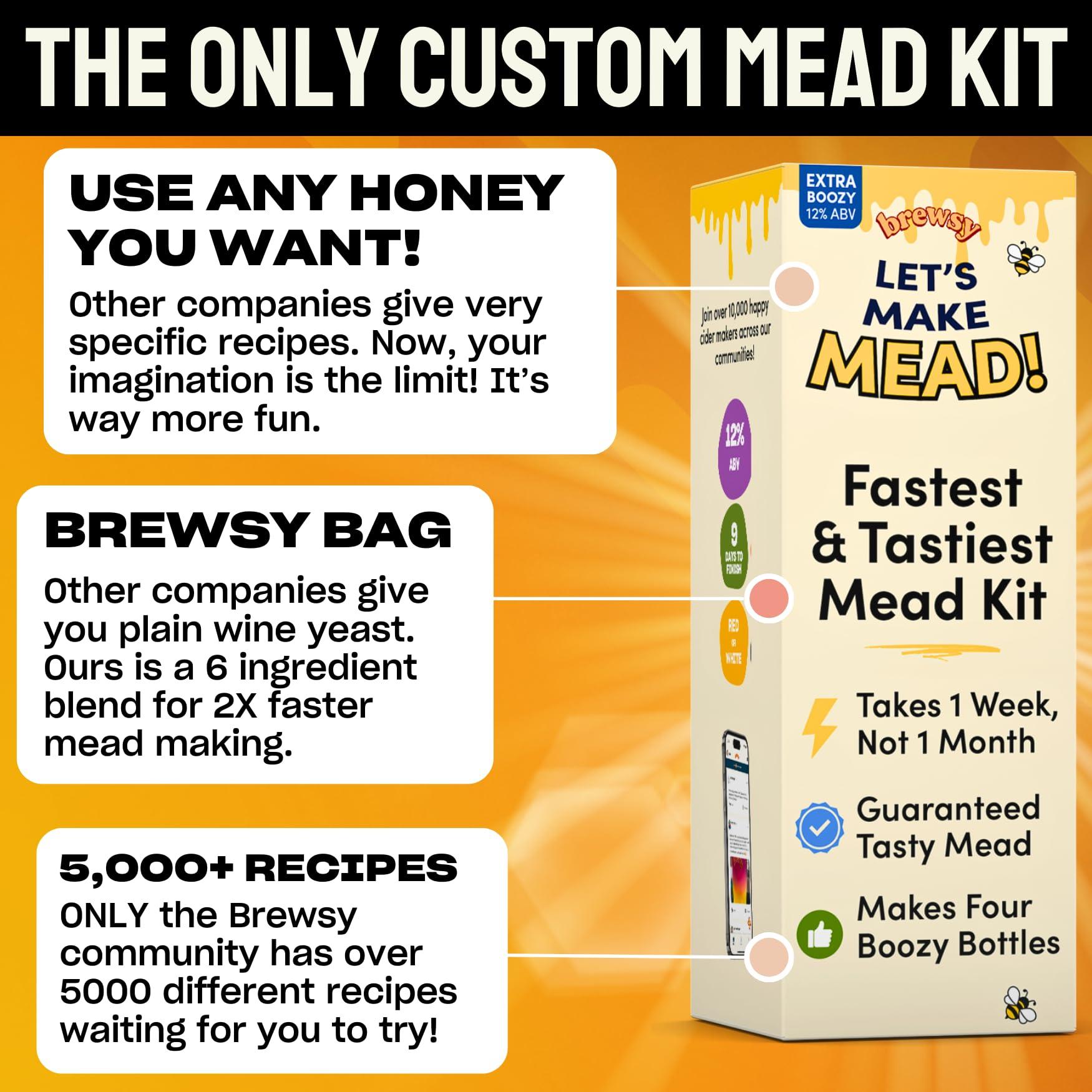 Brewsy Brewsy Starter Kit for Mead Making - Custom Mead Kit - 4 Bottles in 9 Days - Use Any Juice