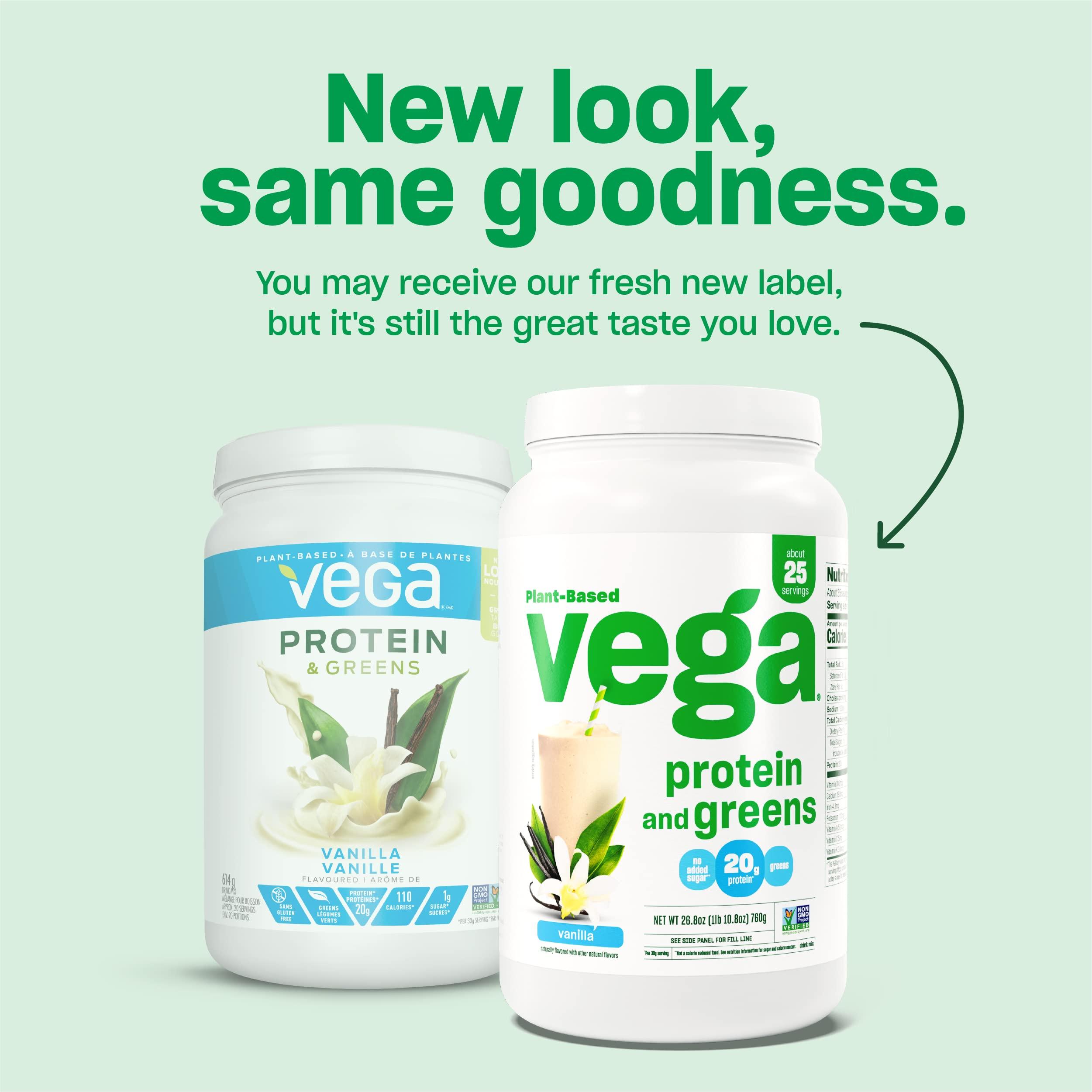 Vega Vega Protein and Greens Protein Powder, Vanilla - 20g Plant Based Protein Plus Veggies, Vegan, Non GMO, Pea Protein for Women and Men, 1.2 lbs (Packaging May Vary)
