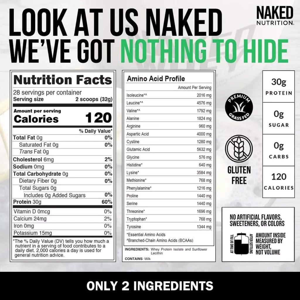 Naked Nutrition Naked Whey Isolate Protein - Only 2 Ingredients, 30g Grass-Fed Protein, Unflavored, Undenatured, No GMO, No Soy, Gluten-Free, No Preservatives - 28 Servings