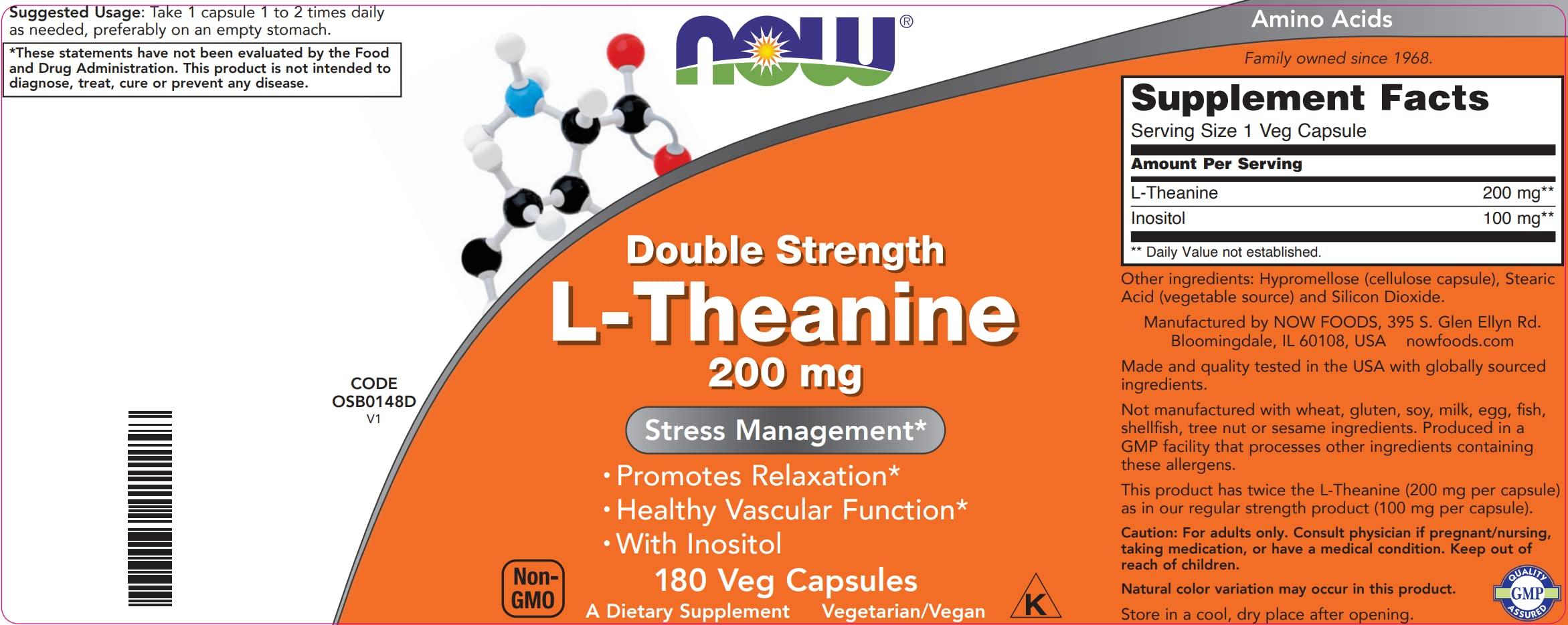 Now Now Foods L-Theanine, Double Strength 200 mg Per Cap - 180 Veg Capsules - Enhanced with 100mg Inositol - Vegetarian, Non-GMO - Ltheanine 200mg Supplement