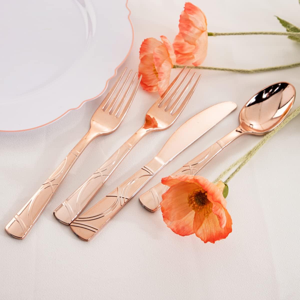 WELLIFE WELLIFE 350 PCS Rose Gold Square Plastic Plates, Disposable Rose Gold Dinnerware, Includes: 50 Dinner Plates10.25, 50 Dessert Plates7.5, 50 Cups 9 OZ, 50 Pre Rolled Napkins with Cutlery
