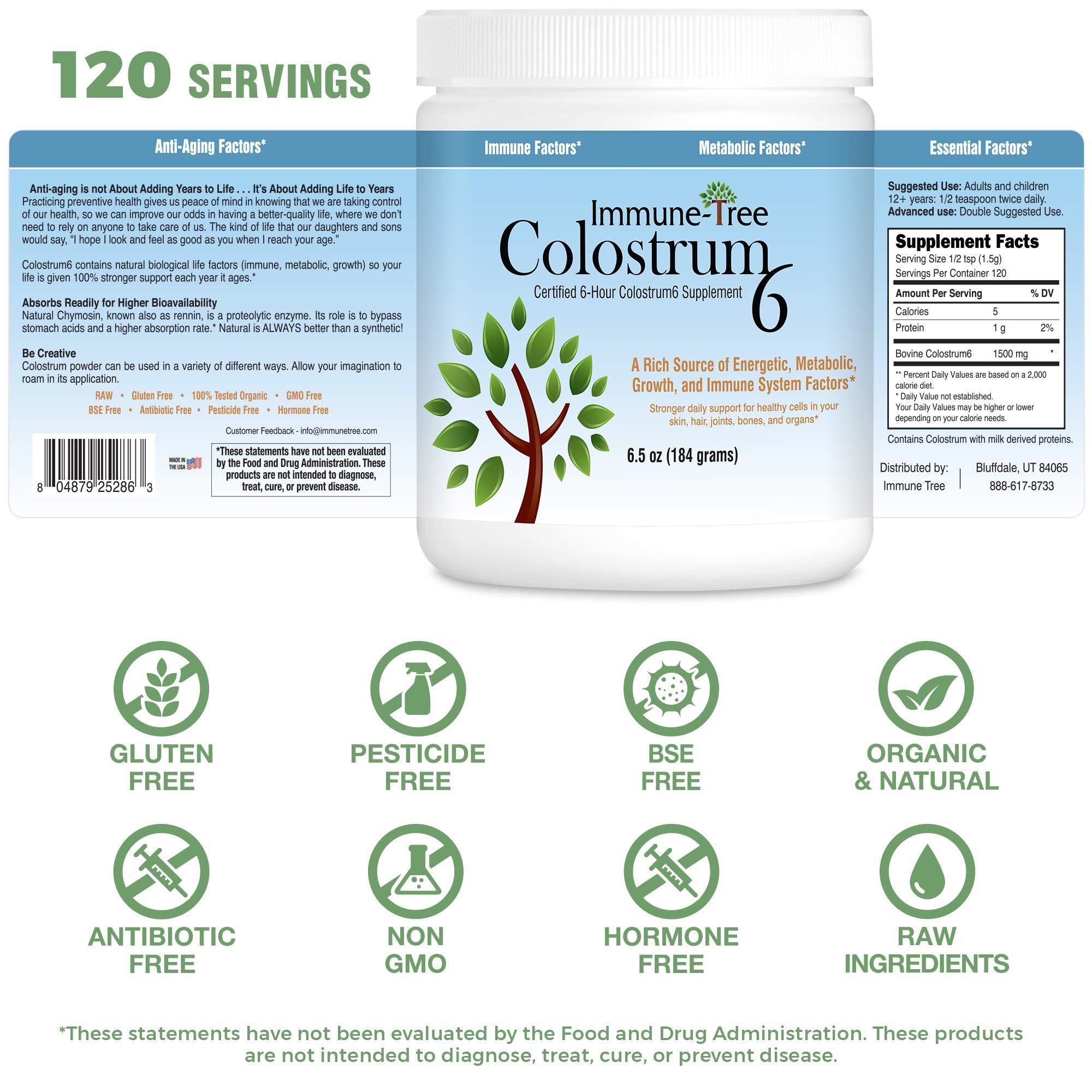 Immune Tree, Inc. Immune-Tree 100% Bovine Colostrum Powder, 120 Servings, 6.5oz, Supports Anti-Aging, Healthy Immune System, Gut & Digestion, Muscle & Tissue, & Wellness, Made in USA from Grass Fed, Grade A Dairy Cows
