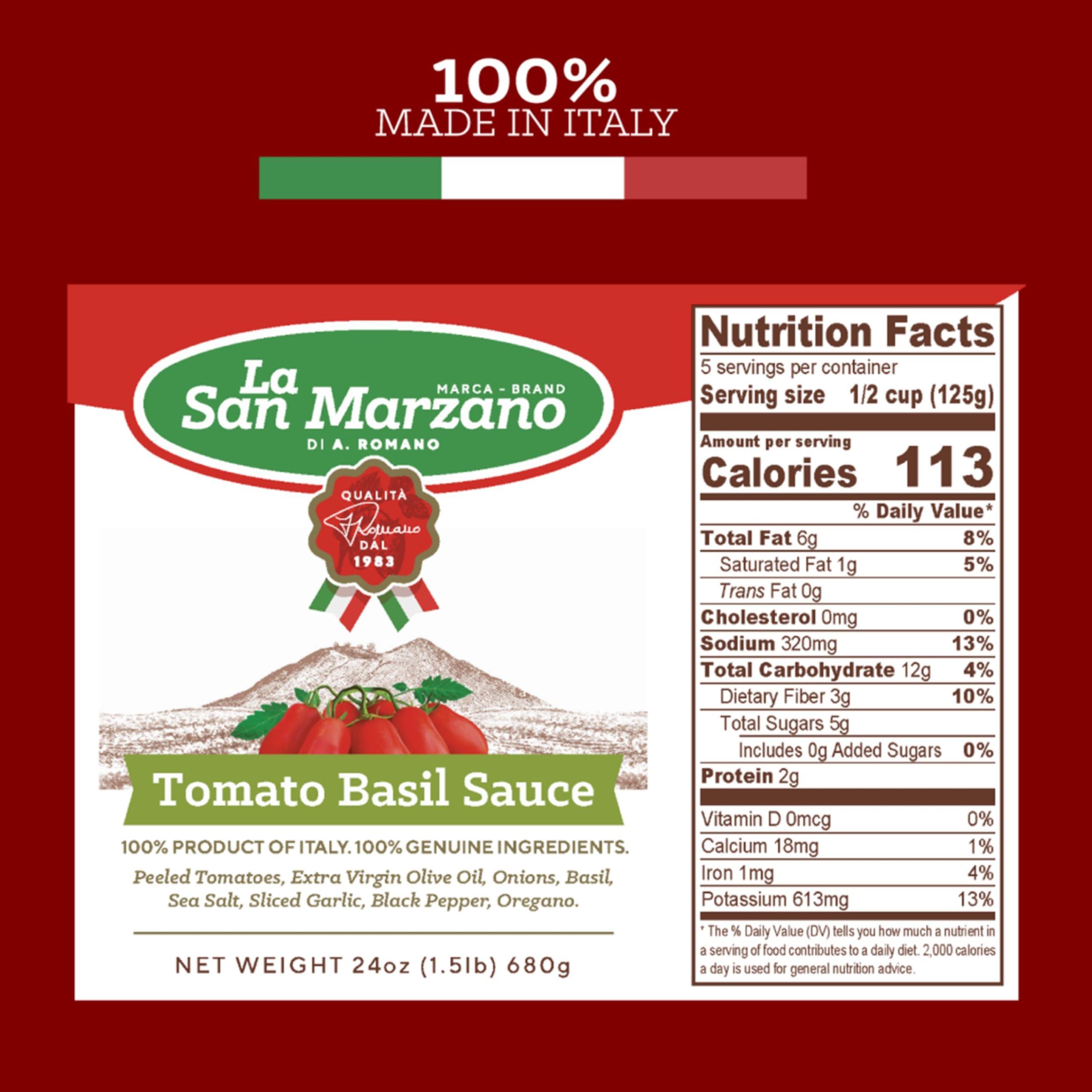 LA SAN MARZANO DI A. ROMANO MARCA BRANDROMANO La San Marzano - Tomato Basil Sauce - Pasta Sauce with 100% Italian Tomatoes Made in Italy - Peeled Tomatoes with Fresh and Natural Ingredients Non GMO Tomatoes, Vegan, Gluten Free, Kosher, Mediterranean Diet 24 Ounce Jar