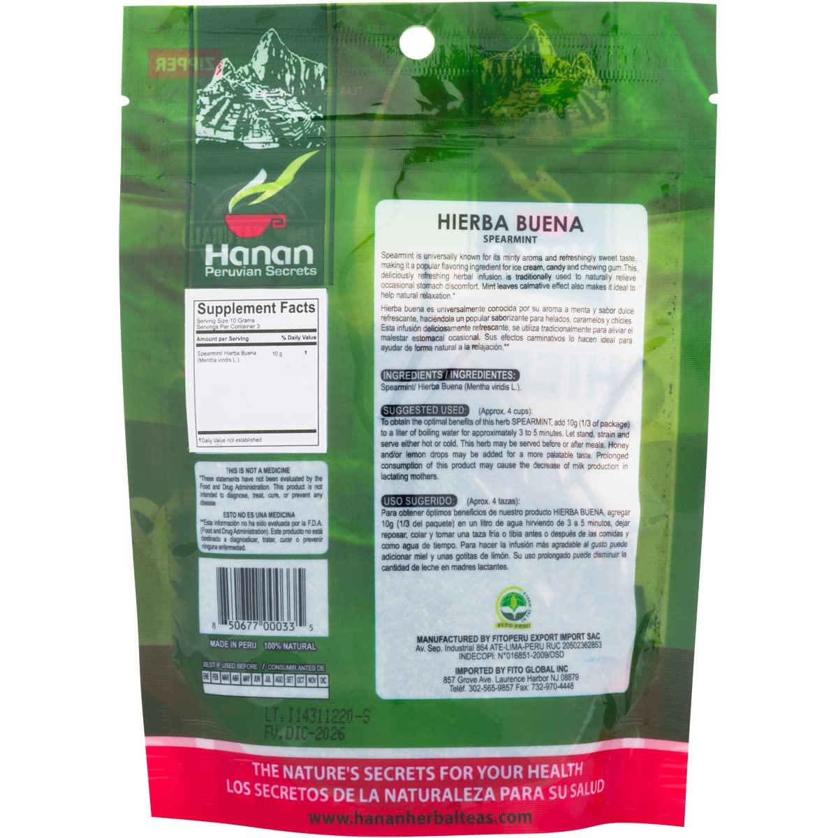 Hanan Hanan Spearmint Tea Loose Leaf (Hierba Buena) 1.1 oz (30 g) - Dried Peppermint Leaves (Mentha Spicata) Plant Leaves from Peru