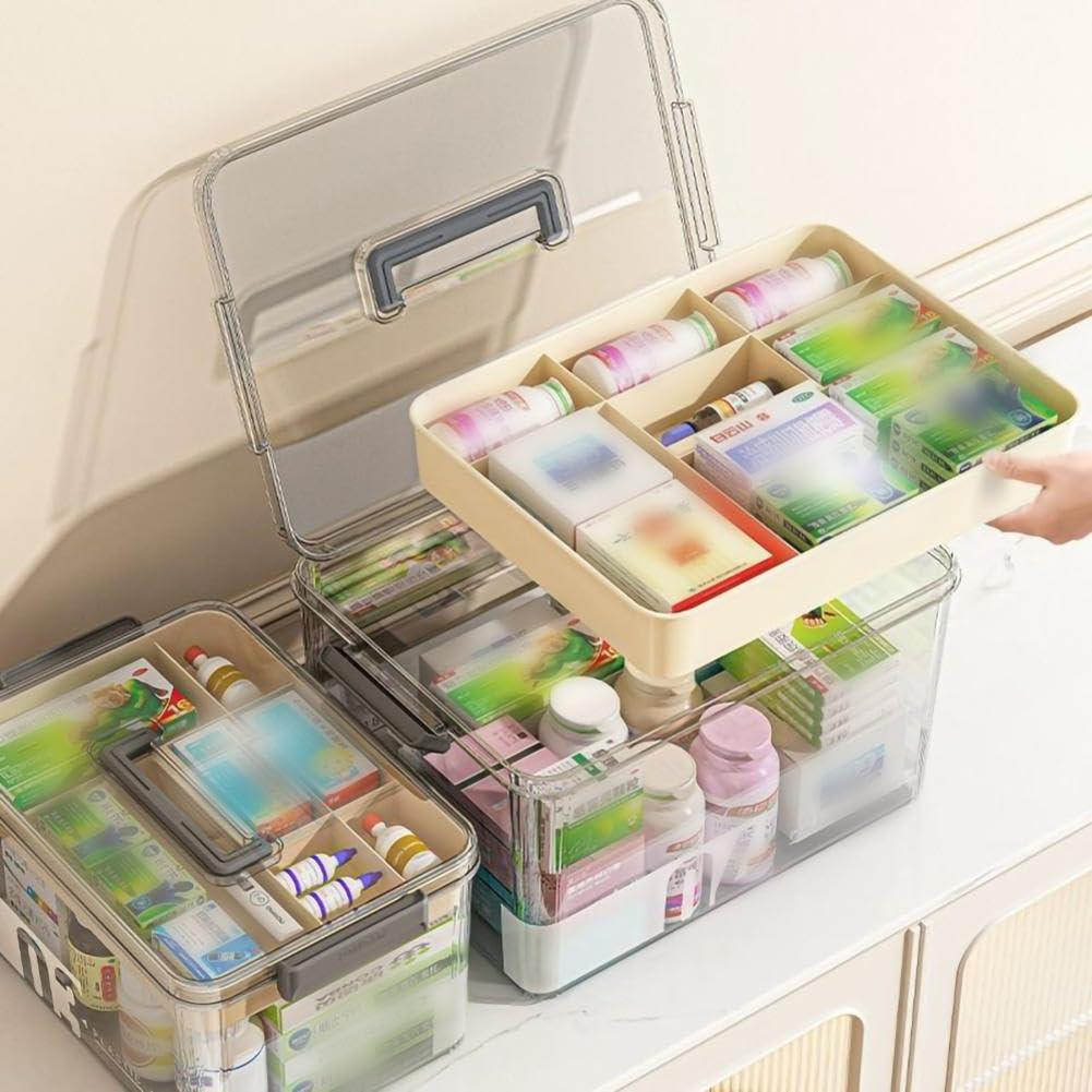 MYBAQ MYBAQ,Medicine Storage Box,Pill Bottle Organizer,Medication Organizer Storage,Medicine Organizer,Transparent Multi-Compartment Organizer with Handle,Medicine Storage for Home (15\"L11.6\"W9\"H) Khaki