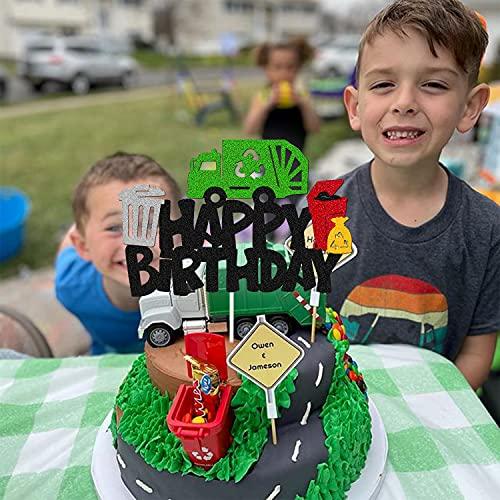 YOYMARR Garbage Truck Cake Topper Happy Birthday Sign Cake Decorations for Trash Green Recycling Truck Themed Bday Party Supplies