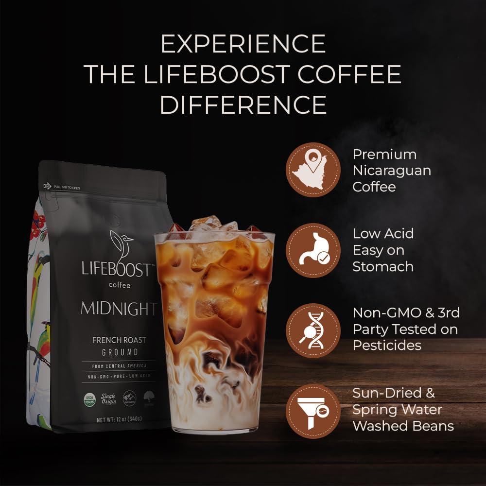 LIFEBOOST LIFEBOOST Midnight Coffee French Roast Coffee Ground - Single Origin USDA Organic Low Acid Coffee French Roast - Non-GMO Ground Coffee - Third Party Tested For Mycotoxins & Pesticides - 12 Ounces