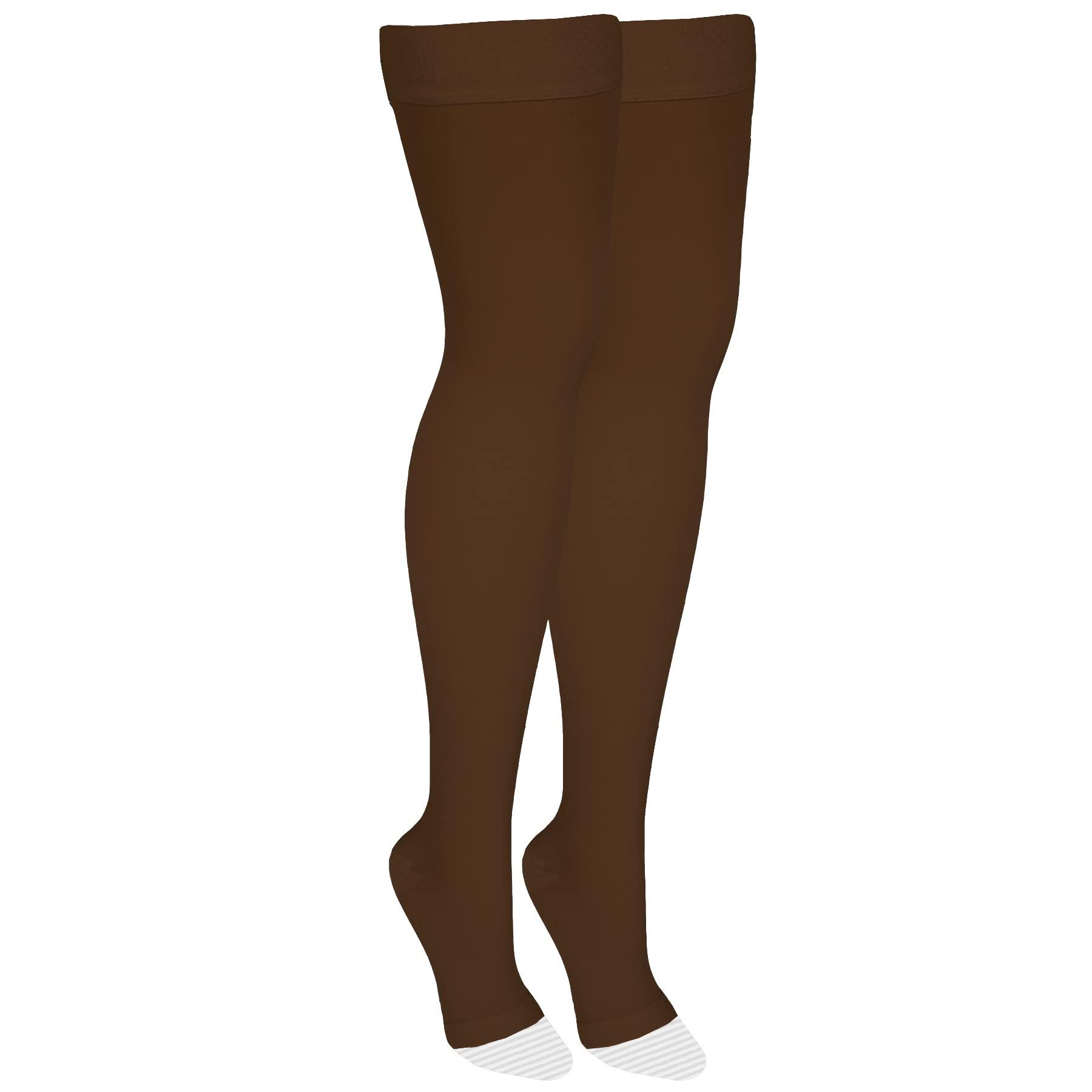 NuVein NuVein Medical Compression Stockings, 20-30 mmHg Support, Women & Men Thigh Length Hose, Open Toe, Brown, 2X-Large