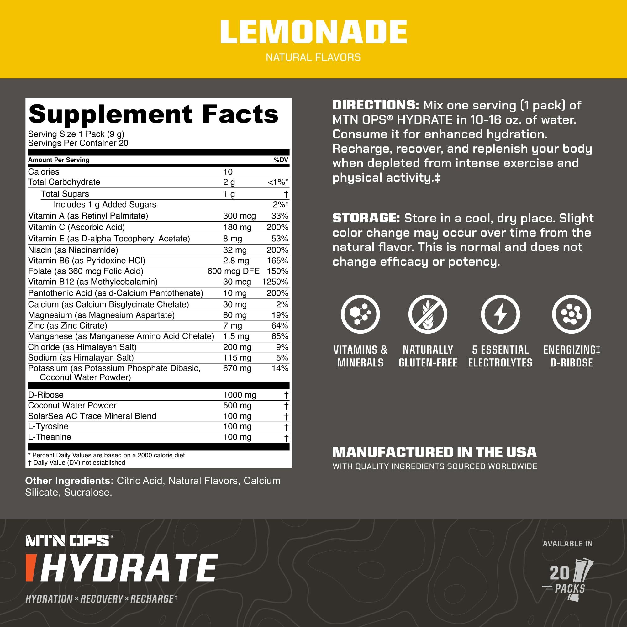 MTN OPS MTN OPS Hydrate Electrolytes Powder Drink Mix, 20 Single Serving On-The-Go Electrolyte Packs with Over 1000mg of Electrolytes per Serving, Lemonade