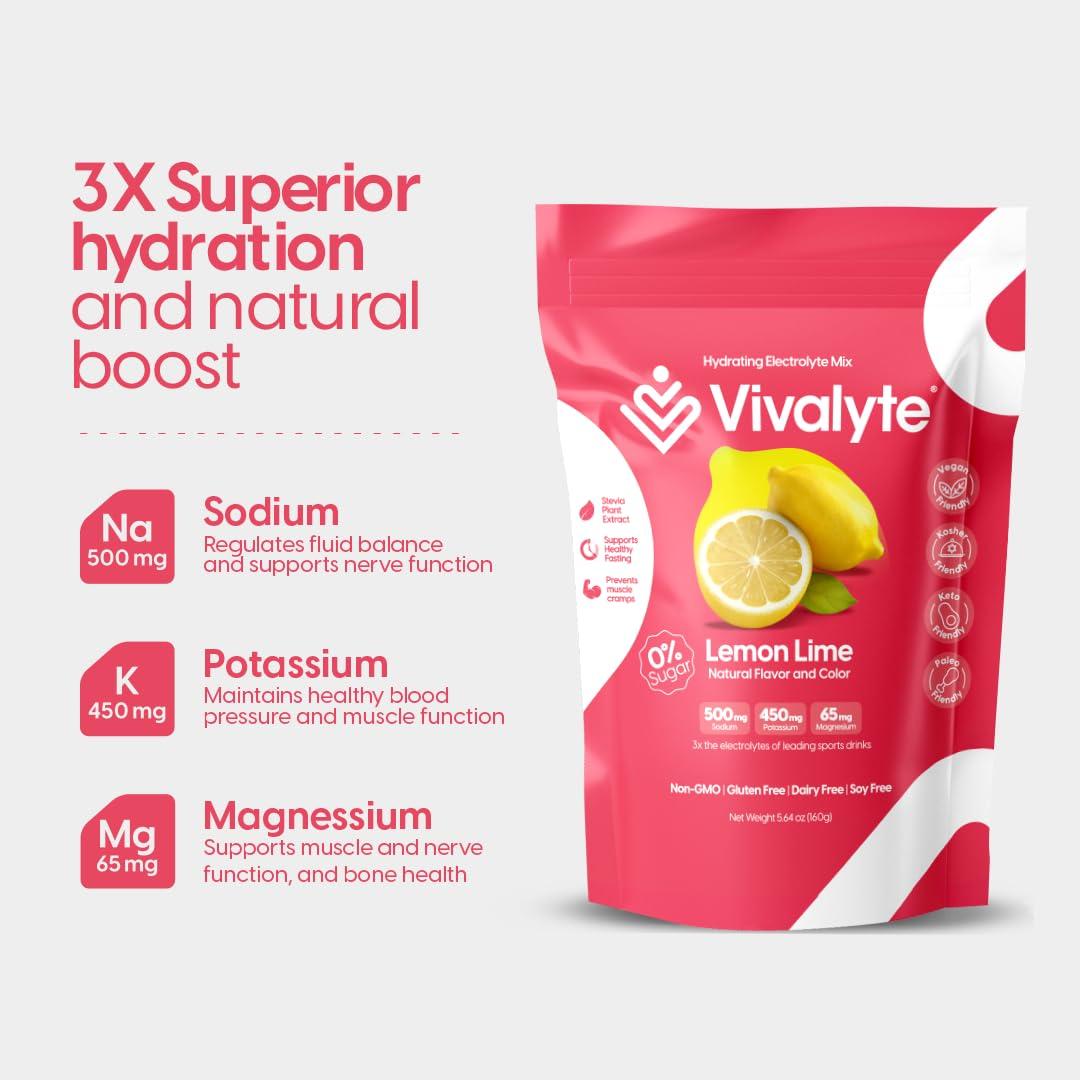 Vivalyte Vivalyte Electrolyte Powder No Sugar Stevia Sweetened 100% Natural Hydration Packets - 20 Count | Sodium, Potassium Citrate & Magnesium L-Threonate (5.64, Lemon)