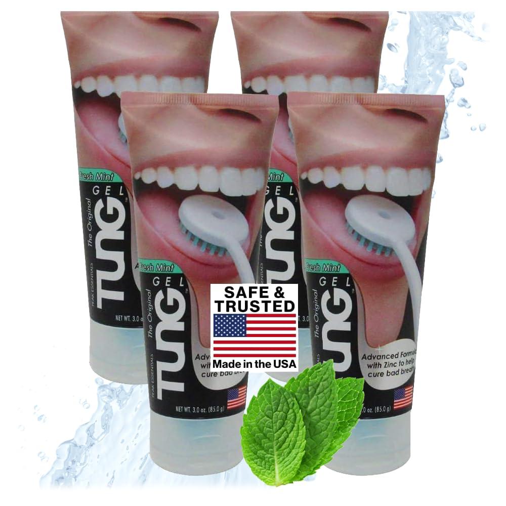 Peak Essentials The Original TUNG Brush Tung Tongue Gel | Fresh Mint Tongue Cleaning Paste | Bad Breath and Halitosis | Mouth Odor Eliminator | Use with Tongue Brushes & Scrapers | Made in America (4 Pack)