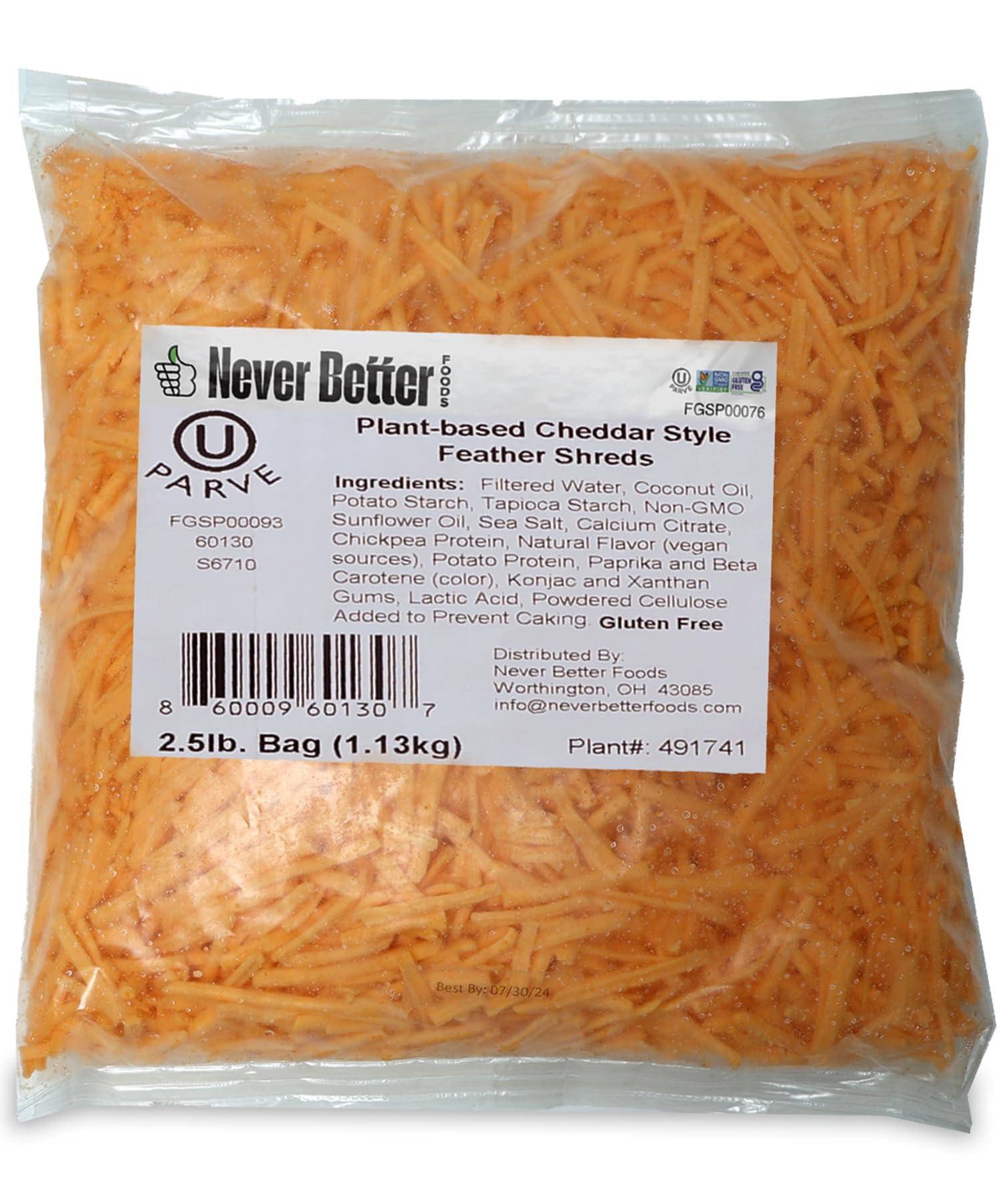 NEVER BETTER FOODS Vegan Cheese, Dairy Free Cheese, Plant Based Cheese with No Allergens, Healthy Vegan Cheddar Cheese, 2.5 LB Bag of Shredded Cheddar Cheese, Smooth and Non Oily Lactose Free Cheese