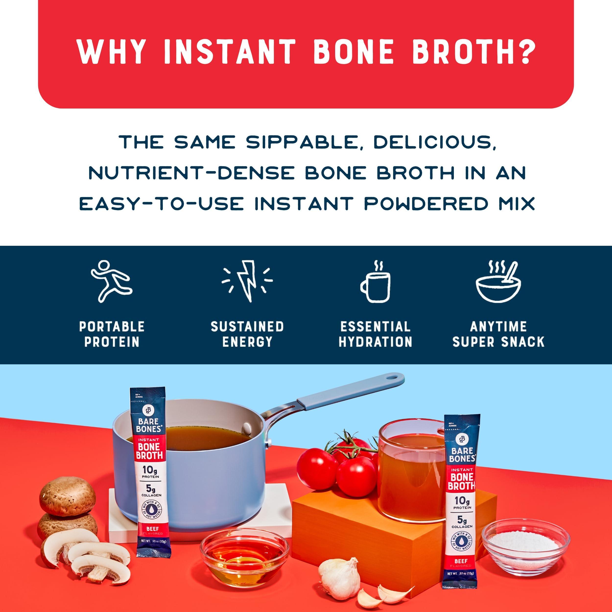 Bare Bones Bare Bones Beef Bone Broth Instant Powdered Mix | Rich Savory Packets on-the-Go No Artificial Flavors | 100% Grass Fed Keto & Paleo Friendly | 10g Protein | 8 Pack