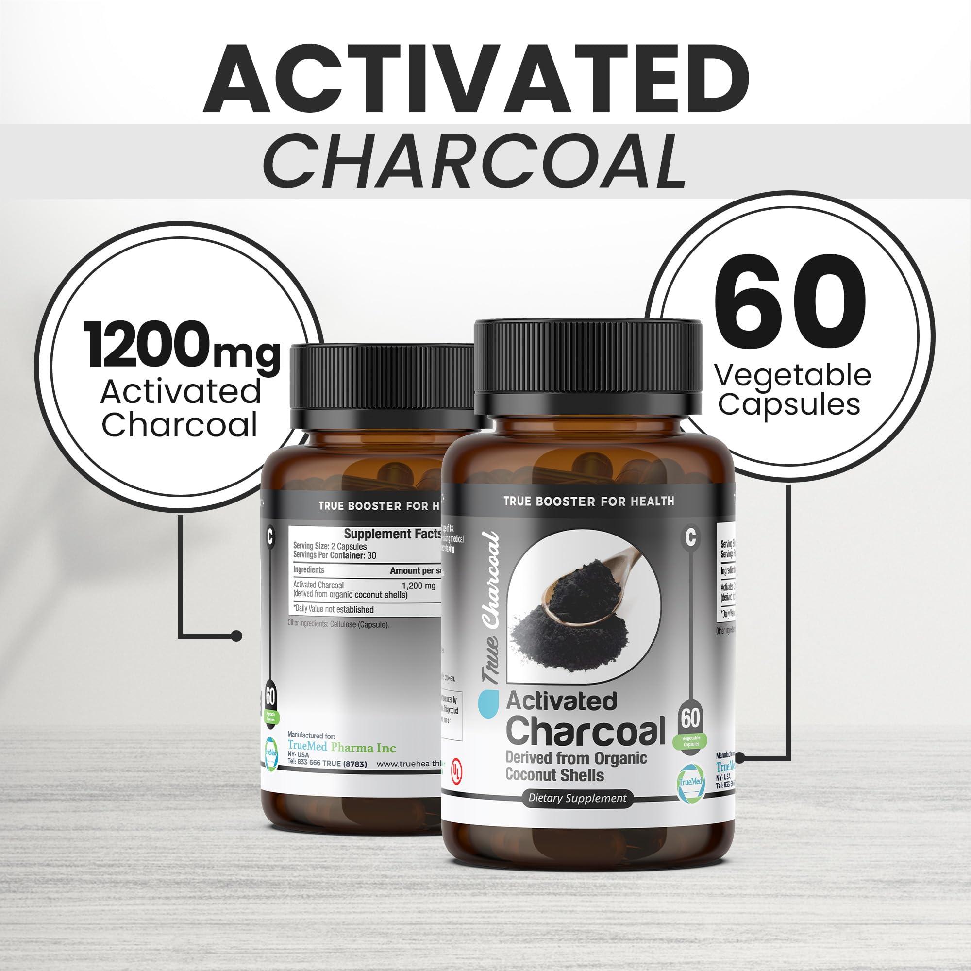 TRUEMED TRUEMED Activated Charcoal Organic Coconut Shell Derived Charcoal Capsule,1200mg, 60 Capsules, Support Detox & Digestive Health, Activated Charcoal Capsules for Health-Conscious Individuals