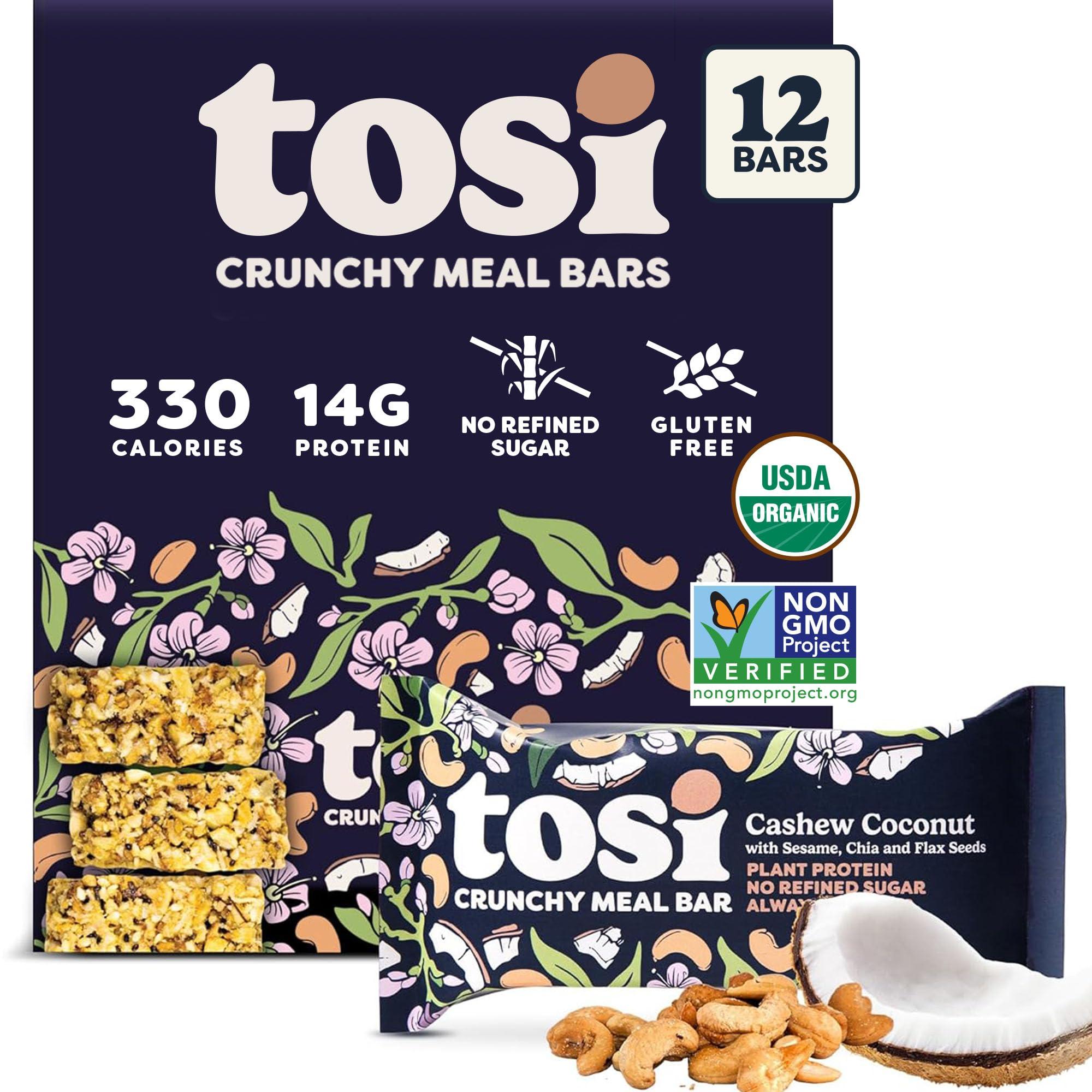 Tosi Tosi Cashew Coconut Protein Bars, Plant Based with Nuts, Gluten-Free Crunchy Snacks, Vegan, Organic, Flax & Chia Seeds, Soy-Free, Omega 3s, 14G Protein, 2.4 oz, 12-Pack