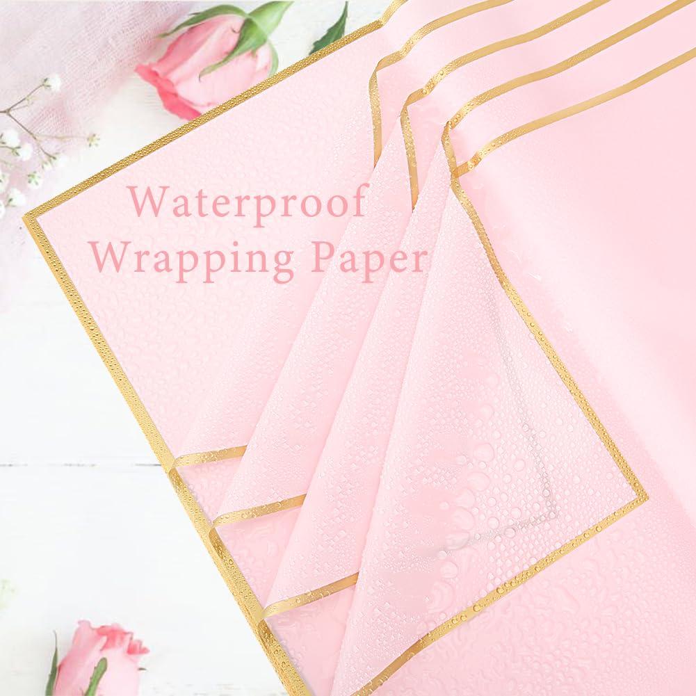 Aksipo 20 Sheets Rose Pink Flower Wrapping Paper, Waterproof Florist Bouquet Packaging Paper with Satin Ribbon,3D Butterflies,Flower Pins, Gold Edge Floral Wrap Paper for Father\'s Day DIY Wedding Flower Craft