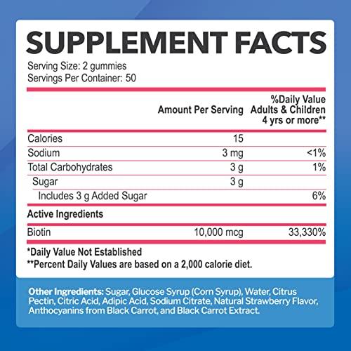 Just Nutrients Biotin 10,000mcg Gummies for Women & Men (100 Count) - 2x Extra Strength Biotin for Hair Growth, Skin & Nails - Gluten-Free, Vegan, Non-GMO, Great Tasting Strawberry Flavor - 100 Gummies