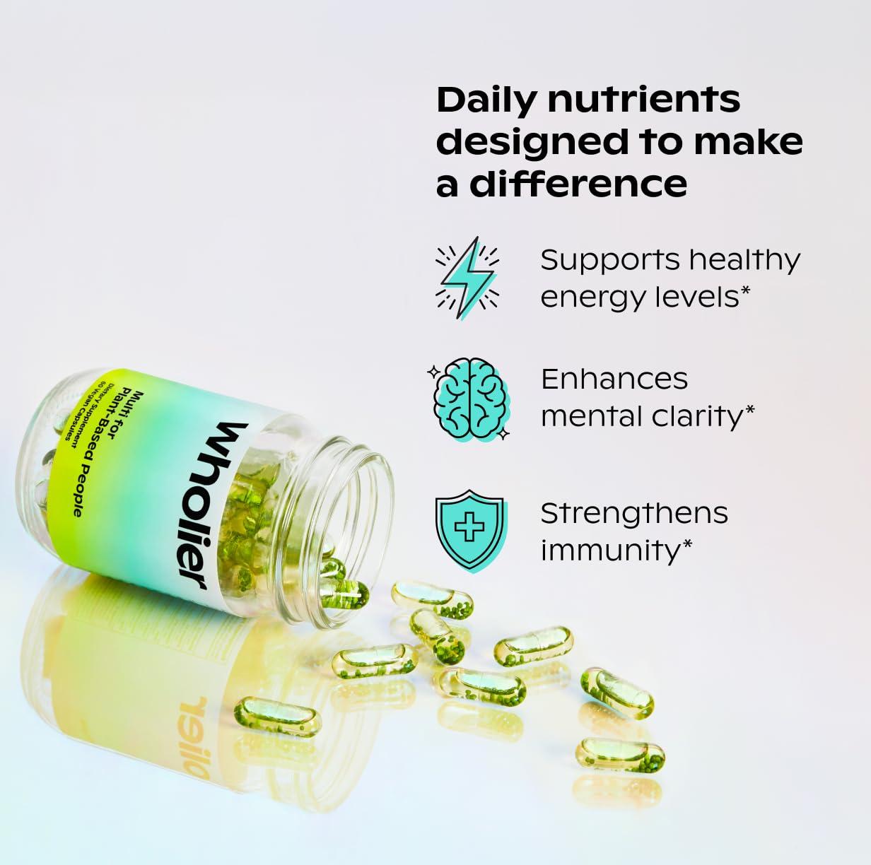 wholier wholier -Plant-Based Vegan Multivitamin Omega 3 DHA + EPA, Vitamin D, Vitamin B12, Zinc, Vitamin K2, Iron, Iodine, Selenium. 60 Count (30-Day Supply) (Compostable Refill)