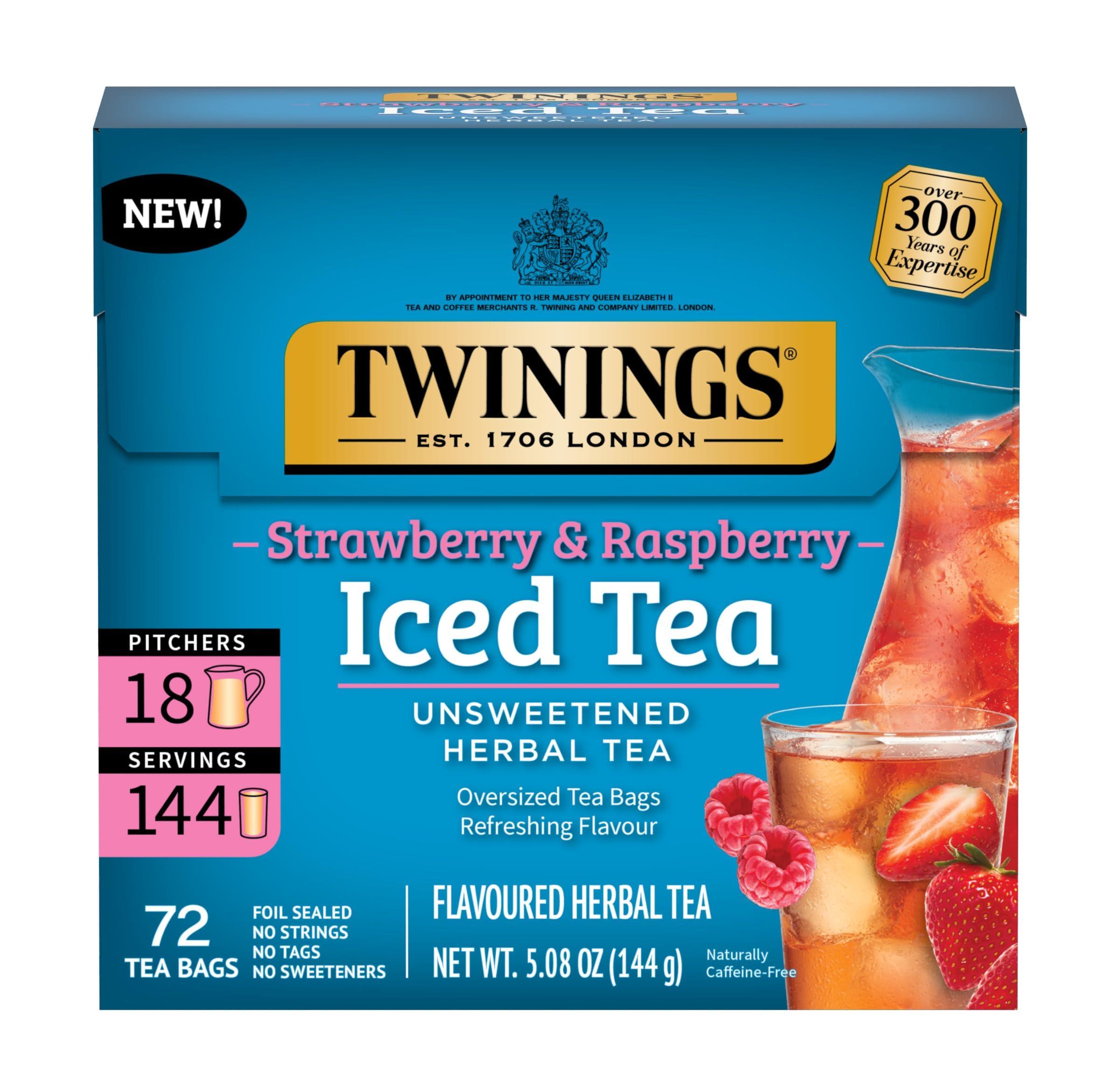 Twinings Twinings NEW Strawberry & Raspberry Herbal Iced Tea, 72 Deliciously Unsweetened Tea Bags, Makes 18 Pitchers or 144 Servings, Caffeine-Free, 72 Count (Pack of 1)