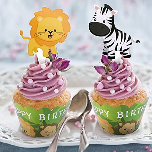 Konsait Konsait Animal Cupcake Wrappers, 6 Designs Jungle Safari Wild Animal Cake Toppers and Wrappers, Farm Animal Cake Decorations for Birthday Baby Shower Zoo Party Back to School Party Favors Supplies