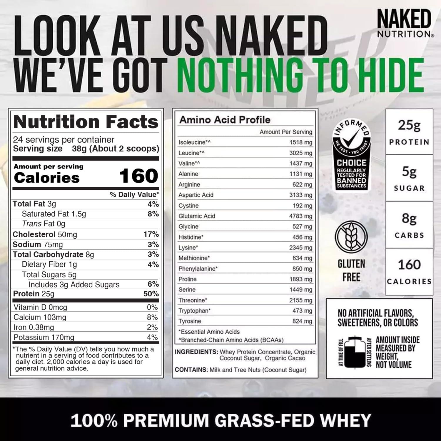 NAKED NAKED Whey Chocolate Protein Powder - Only 3 Ingredients - Grass Fed Whey Protein Powder, Organic Chocolate and Organic Coconut Sugar, No GMO, No Soy, and Gluten Free - 24 Servings