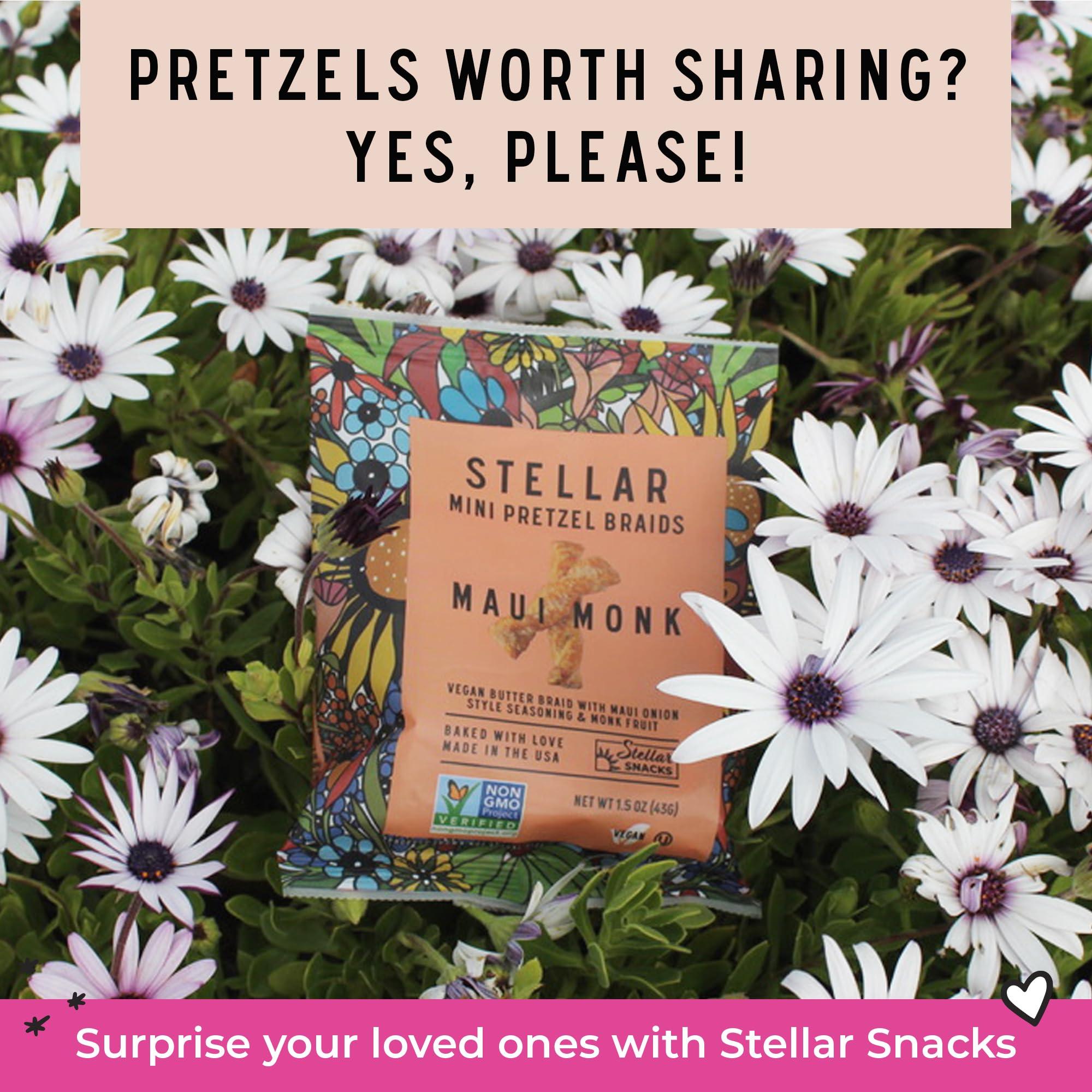 STELLAR SNACKS Stellar Pretzel Braids Maui Monk Mini 24 Snack Packs (1.5 oz each) Maui Onion and Monk Fruit Flavor, Stellar Snacks, Vegan Kosher Peanut-Free Non-GMO, Individual Bags, Pretzel Twists - Made in the USA