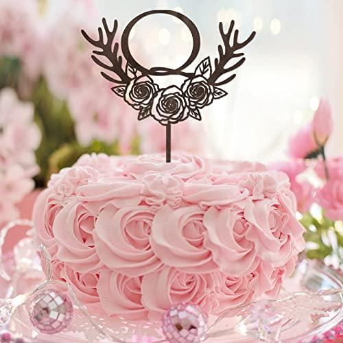 Vinisong Initials Q Cake Toppers, Vinisong Letter Cake Topper Brown Wood Wreath Cake Decorations Monogram Cake Topper Rustic Wedding Cake Decor(Q,Design 11)