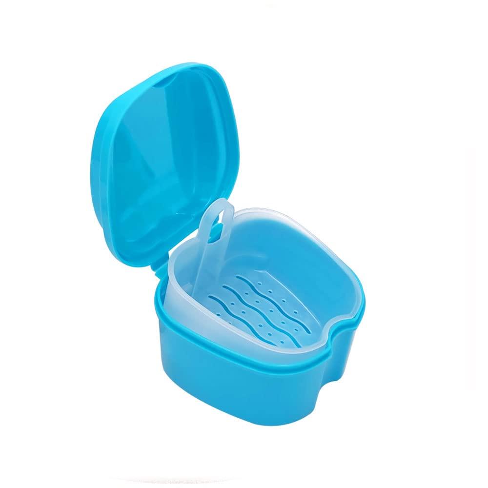 SEIWEI Denture Bath Case Cup Box Holder Storage Container with Strainer Basket for Retainer False Teeth Travel Cleaning (Light Blue)