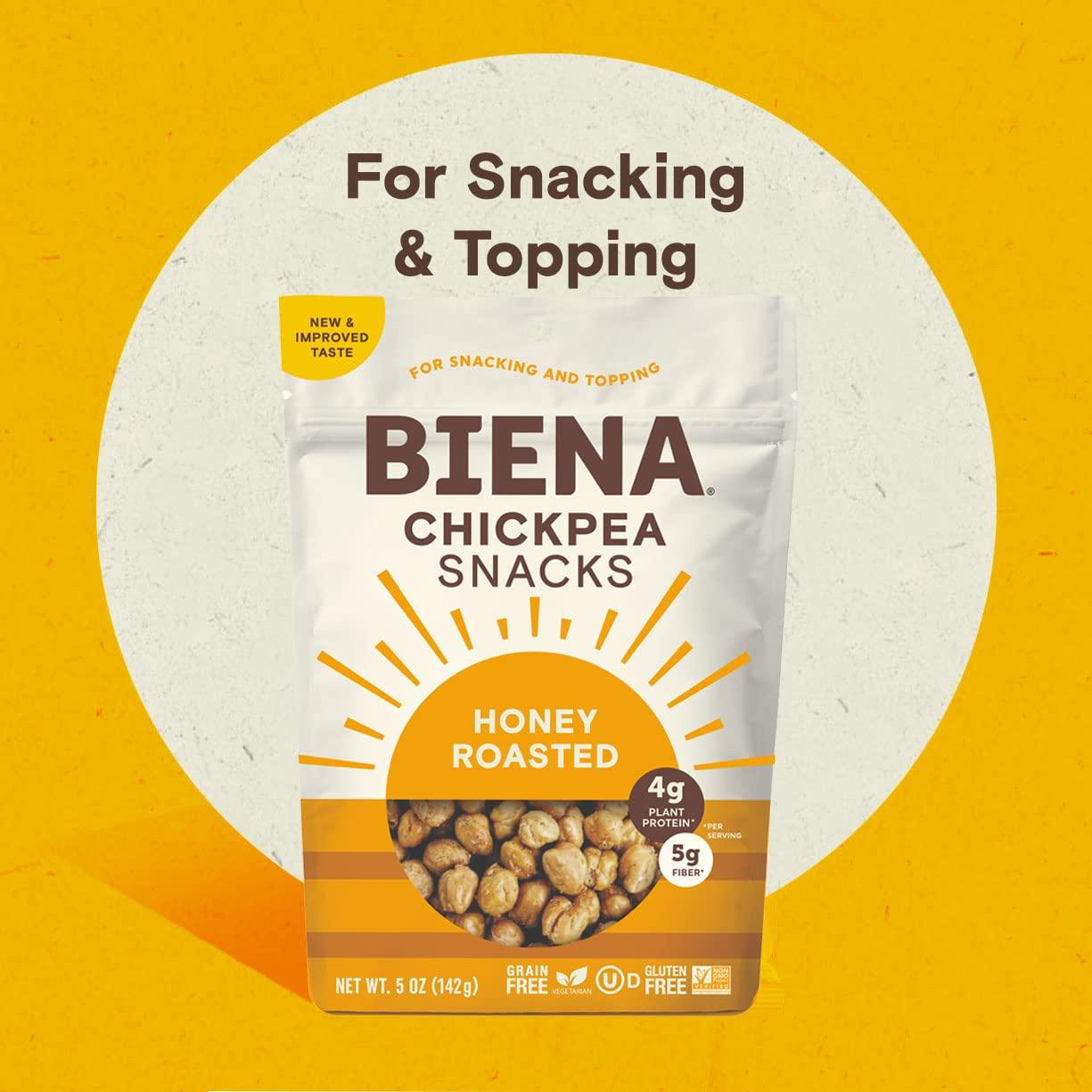 BIENA BIENA Chickpea Snacks - Crunchy Roasted Chickpeas - High Fiber Vegan Protein Snacks for Adults and Kids - 4-Pack, 5 Ounce Bags - Honey Roasted