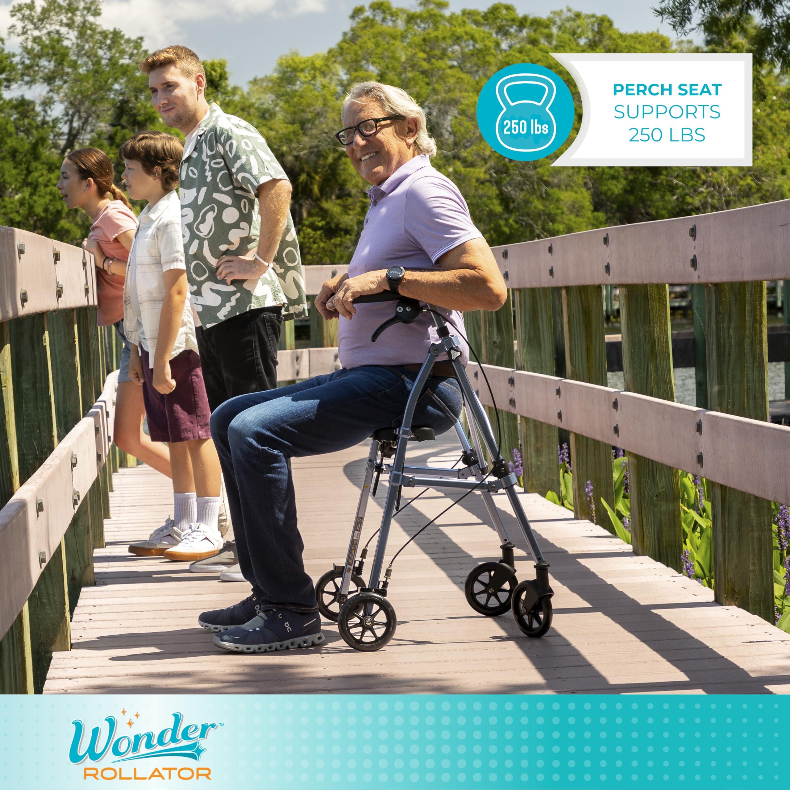 Stander Stander Wonder Rollator Short, Lightweight Junior Folding-Walker for Seniors and Adults, Travel Space-Saver-Rollator, Petite Four Wheel Walking Aid with Seat, Vivid White