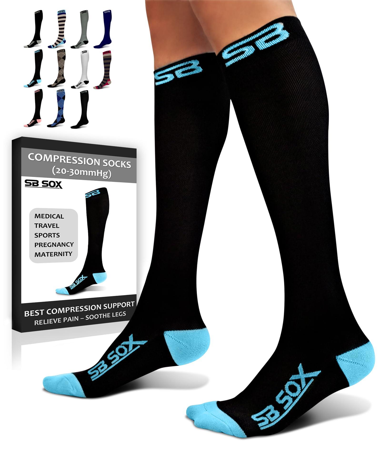 SB SOX SB SOX Compression Socks (20-30mmHg) for Men & Women – Best Compression Socks for All Day Wear, Better Blood Flow, Swelling! (Large, Black/Blue)