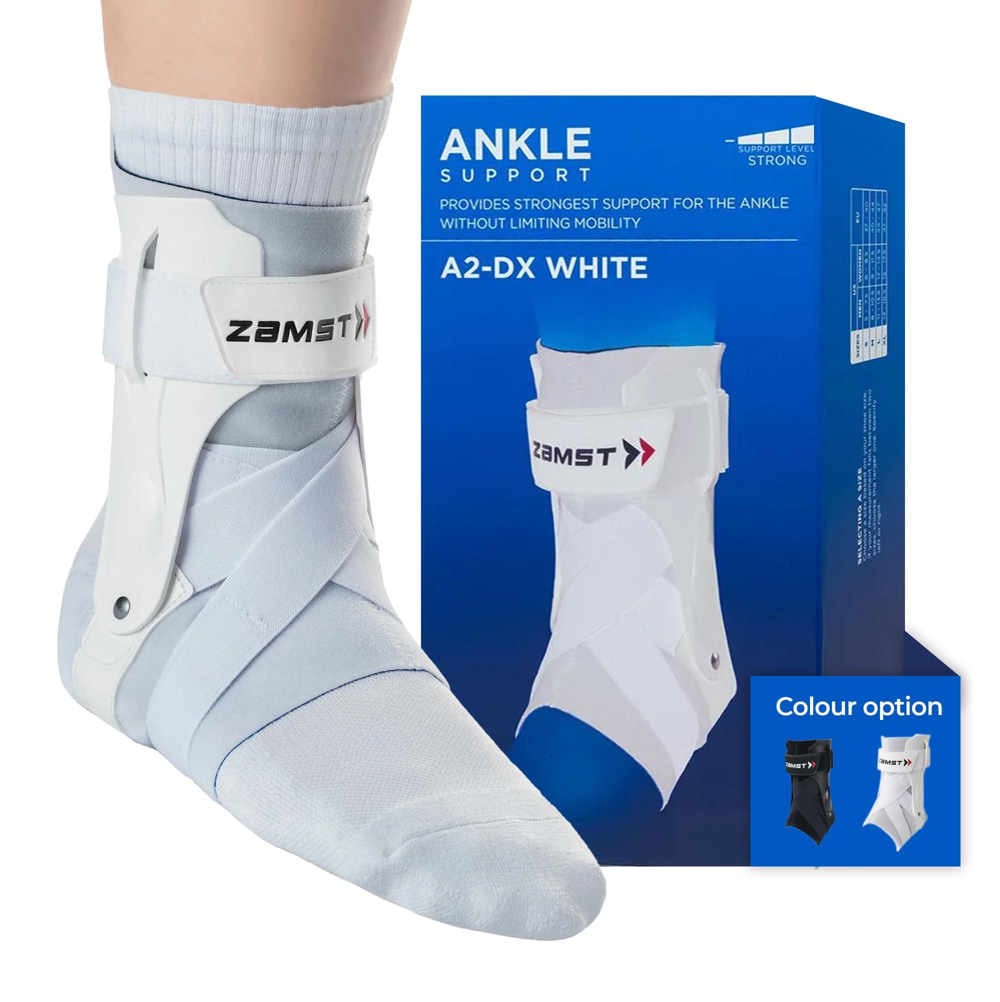 Zamst Zamst A2-DX Sports Ankle Brace with Protective Guards For High Ankle Sprains and Chronic Ankle Instability-for Basketball, Volleyball, Lacrosse, Football-White, Right Medium