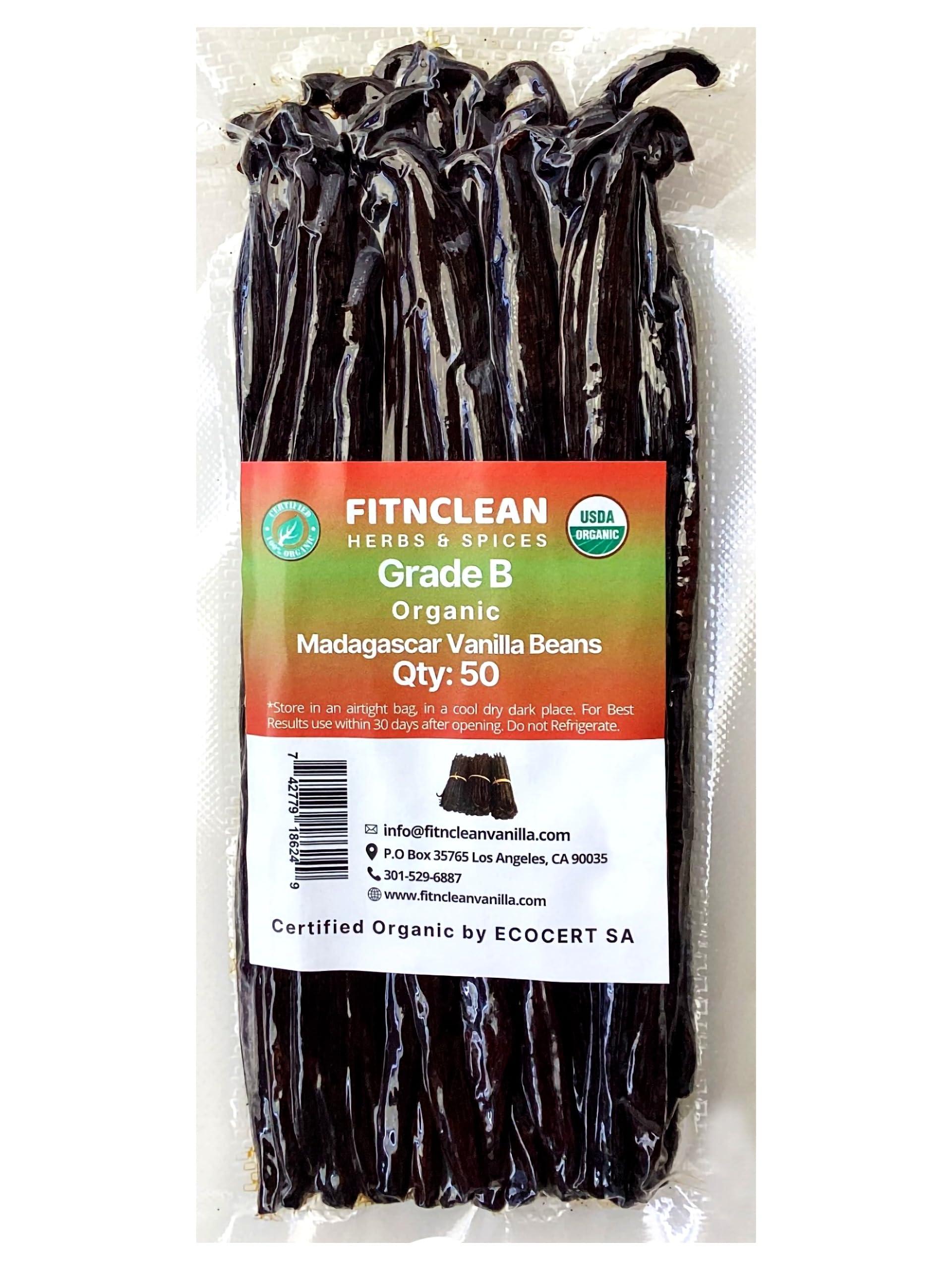 FITNCLEAN HERBS AND SPICES 50 Madagascar Organic Vanilla Beans Grade B. Certified USDA Organic. 5"-7" by FITNCLEAN VANILLA for extract, Cooking and Baking. Whole NON-GMO Bourbon Pods
