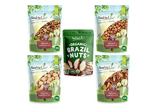 Food to Live Organic Nuts in a Gift Box - A Variety Pack of Pecans, Macadamia Nuts, Hazelnuts, Walnuts and Brazil Nuts