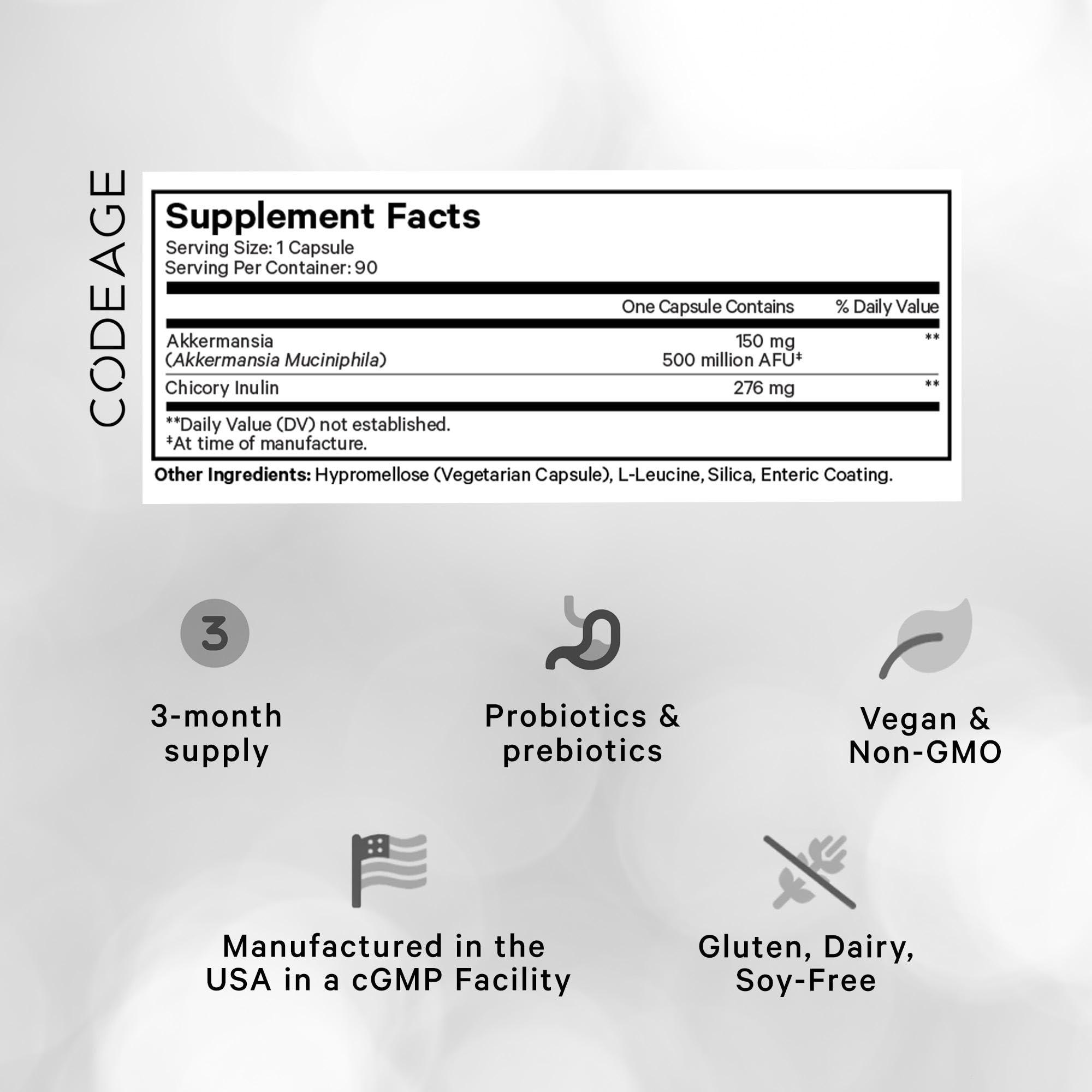 Codeage Codeage Akkermansia Muciniphila Probiotic Ultra - High-Potency 500M AFUs Akkermansia Probiotic Supplement - Enhanced Daily Probiotic & Prebiotic, Chicory Inulin - 3-Month Supply - 90 Capsules