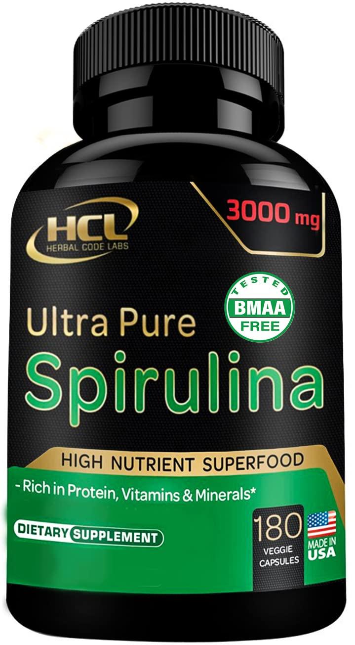 HCL HERBAL CODE LABS Organic Spirulina Powder Capsules 3000 mg - Purest Non-Irradiated Blue Green Algae - Best Raw Vegan Protein - Green Superfood - Natural Multivitamins – 180 Pills Made in The USA