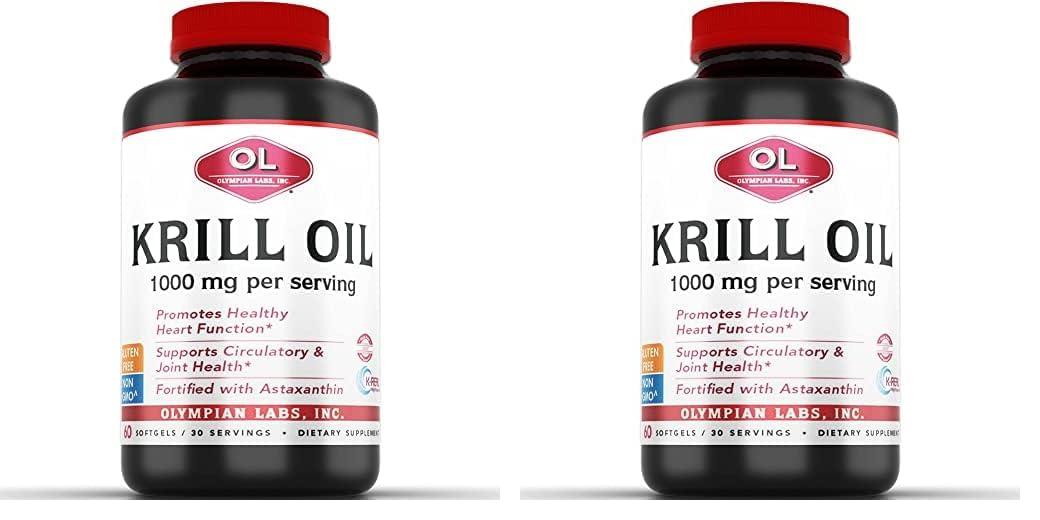 Olympian Labs Olympian Labs Antarctic Krill Oil, 1000mg Caps with Astaxanthin, Omega-3, EPA, DHA, Immune, Joint & Brain Support, 60 Softgels (Pack of 2)