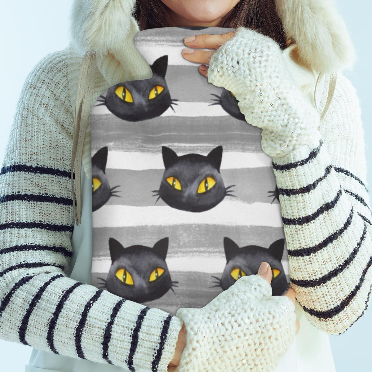 POFATO Halloween Black Cat Face Hot Water Bottle with Cover for Pain Relief Cramps, 2L Rubber Warm Hot Water Bags for Bed Hand Feet Belly Warmer, Hot or Cold Compress Water Bottle