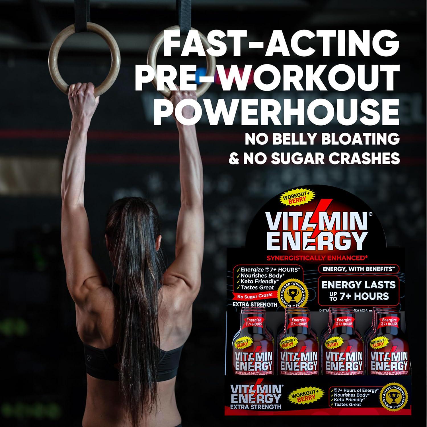 Vitamin Energy Vitamin Energy Pre Workout Drink - Keto Friendly Sugar Free Shots | Natural Clean Green Tea Caffeine with Proprietary Endurance Blend | Energize up to 7+ Hours - Berry - 1.93 Fl Oz- Pack of 48
