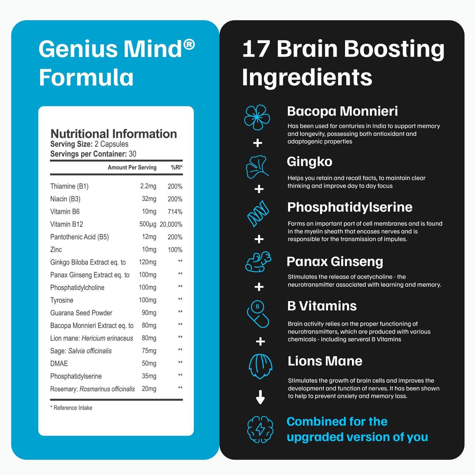 JustFloow JustFloow Genius Mind Nootropic Brain Supplement, Support Cognitive Function, Energy Levels, Focus & Memory Function - 17 Brain Boosting Ingredients Including Lions Mane, Bacopa, Ginkgo & Vitamin B12