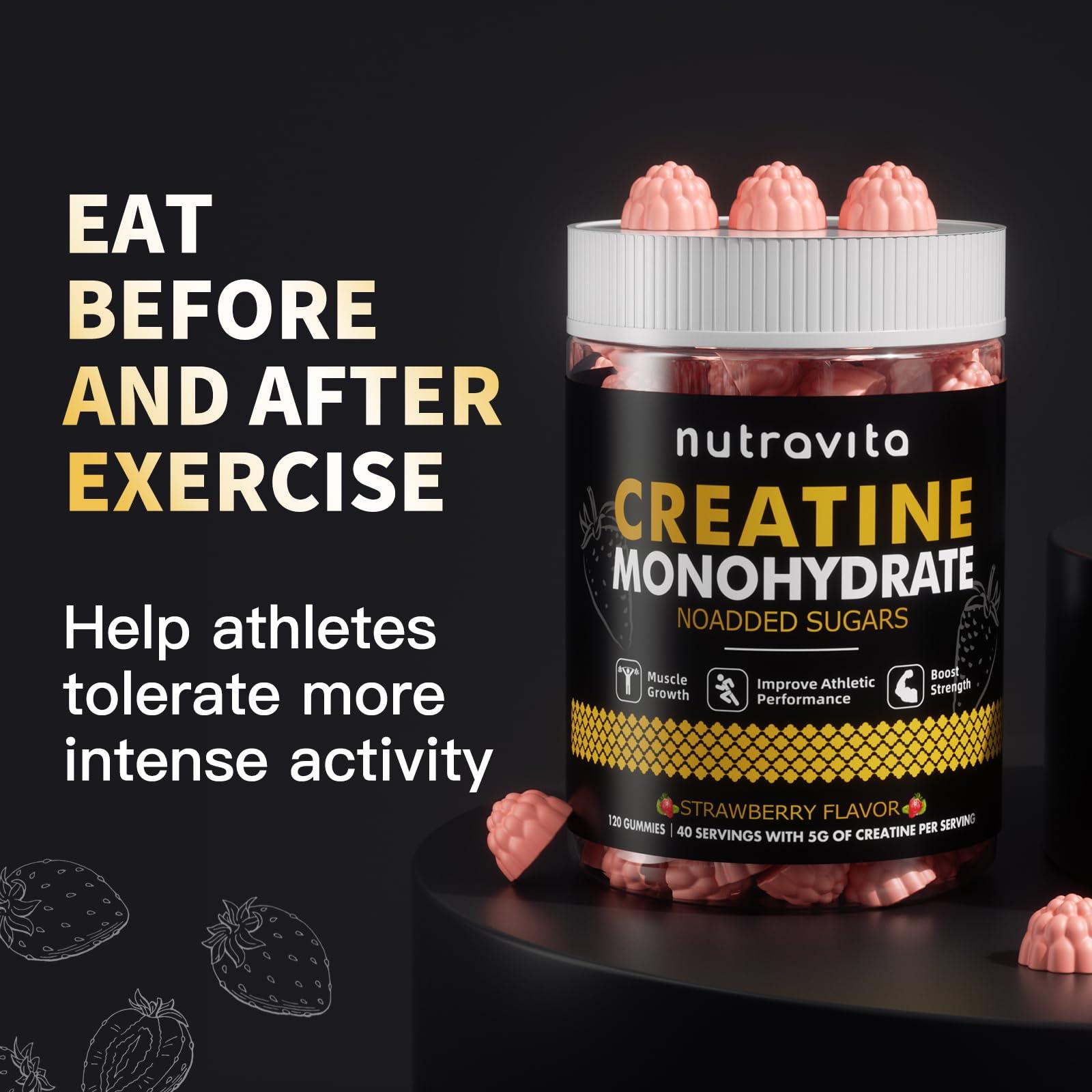 Nutravita Nutravita Creatine Monohydrate Gummies for Men & Women-5g of Creatine Monohydrate per Serving - Sugar Free,Vegan, Strawberry Flavor, 120 Count