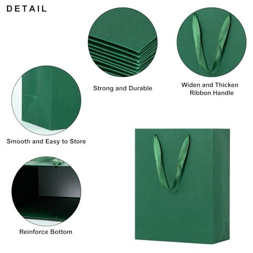 driew driew Large Dark Green Gift Bags, 12 Pack Extra Large Deep Green Gift Bag Ribbon Handles Heavy Duty Paper Gift Bags 10x5x13 inches Party Gift Bags for Shopping, Pakcing,Retail