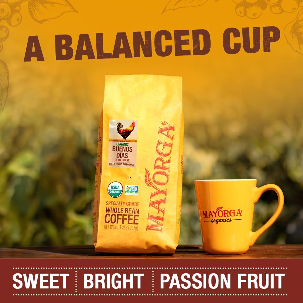 Mayorga Mayorga Organic Coffee 2lb Buenos Dias - Light Roast Whole Bean Specialty Grade Coffee, 100% Arabica, Slow Roasted, Citrusy and Sweet Flavor with Low Acidity - USDA Organic, Non-GMO, Kosher