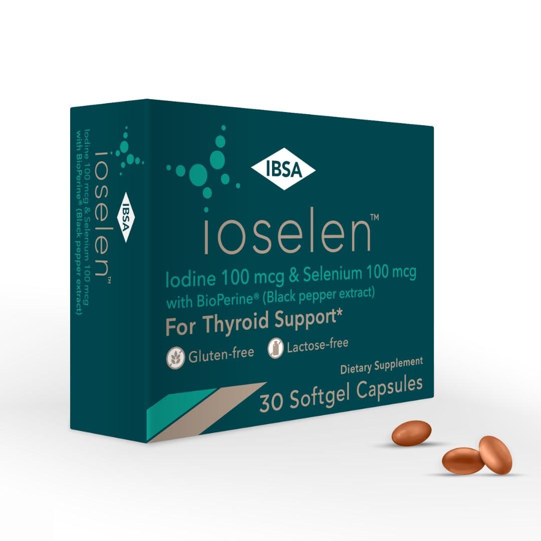 Ibsa Ioselen - Thyroid Support Supplement 100 mcg Selenium, 100 mcg Iodine, 5mg BioPerine - 30 Soft-Gel Caps for Increased Bioavailability and Absorption - Gluten-Free, Lactose-Free, Sugar-Free, Non-GMO