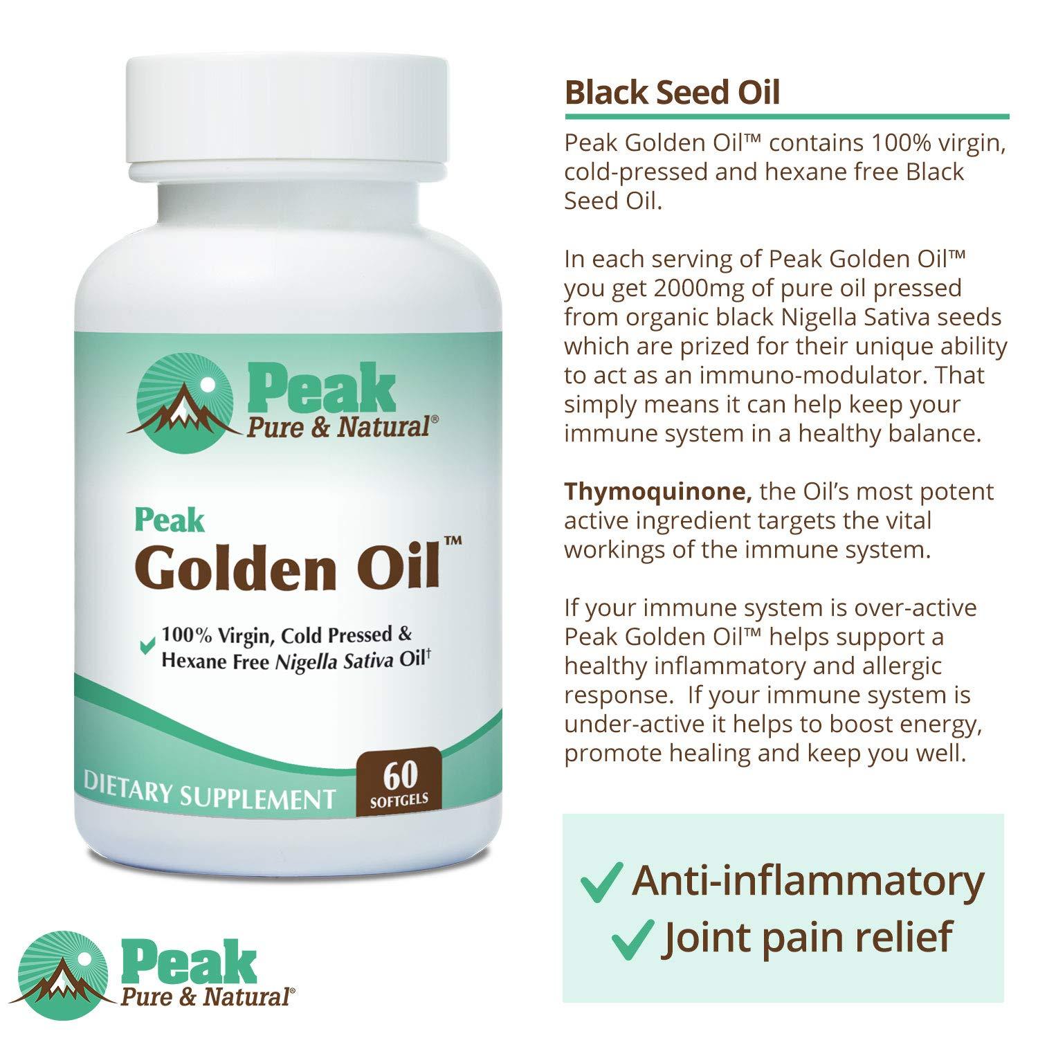Peak Pure & Natural Peak Pure & Natural, Peak Golden Oil Cold Pressed Organic Black Seed Oil Supplement - Black Seed Oil for Digestive Health, Skin Nutrition, Joint Comfort - 60 Capsules