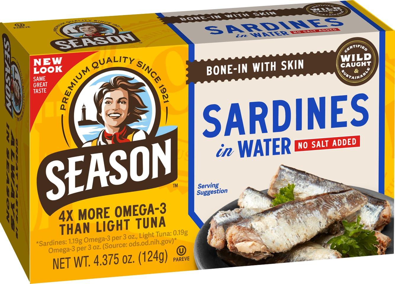 SEASON Season Sardines in Water No Salt Added, Wild Caught, 22g of Protein, Keto Snacks, More Omega 3\'s Than Tuna, Kosher, High in Calcium, Canned Sardines 4.37 Oz Tins, 24-Pack