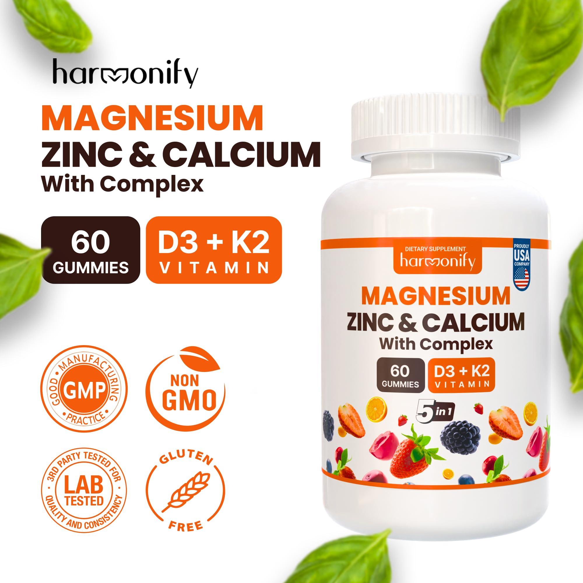 HARMONIFY HARMONIFY Magnesium Calcium Zinc with Vitamin D3 & K2 Gummies, Multivitamin for Women and Men, Bone Strength & Muscle Function, Extra Absorption Formula, 30 Days Serving