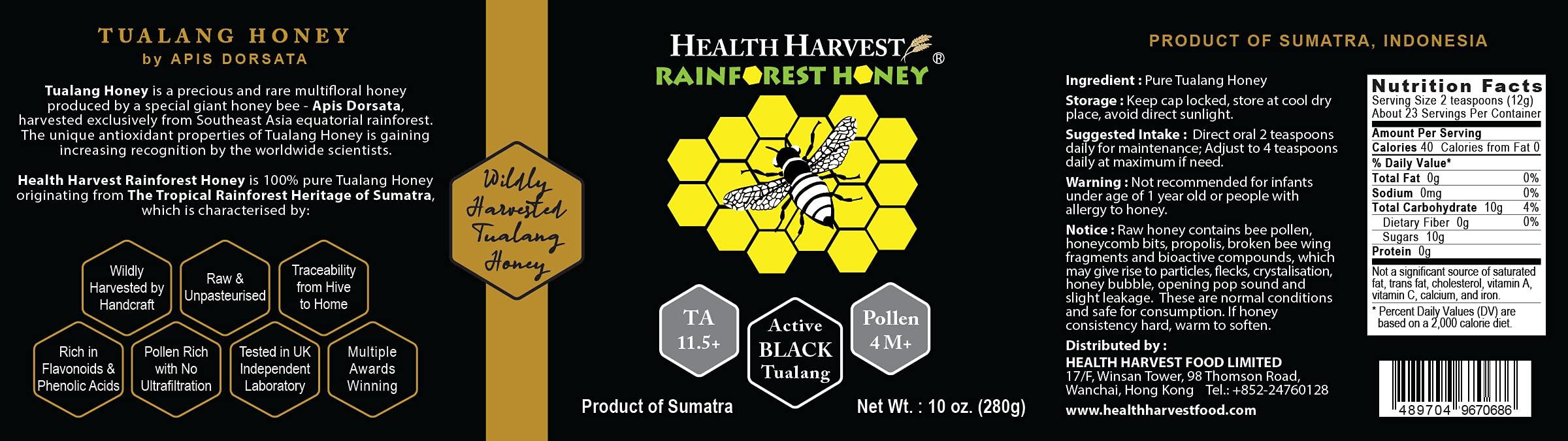 Health Harvest Tualang Black Honey 10oz (TA 11.5+, Pollen Count 4.0M+, Pollen Variety 100+) Intense Choice for Women Preservation, Wild-ripening on 250ft Treetop, Raw, Unpasteurised, Unfiltered
